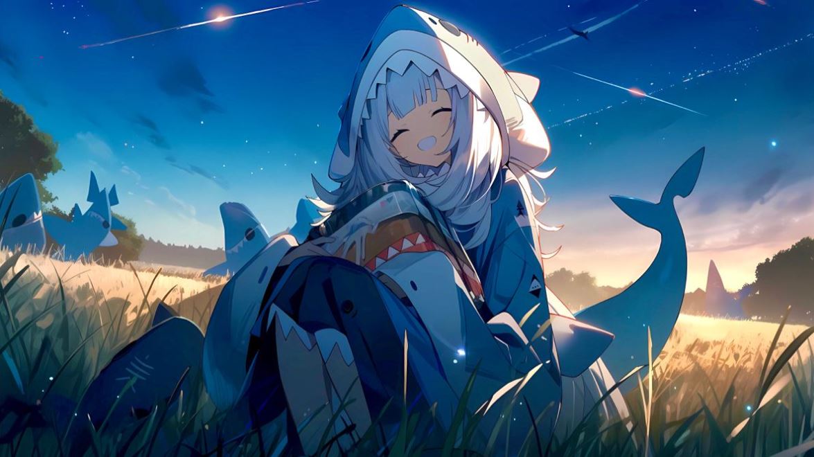 Cảnh hoàng hôn ấm áp bên đàn cá mập anime