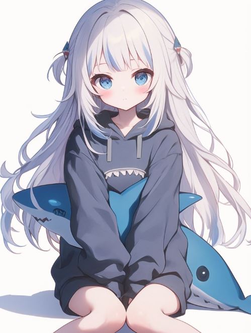 Bé gái ôm gấu bông trong ảnh cá mập anime