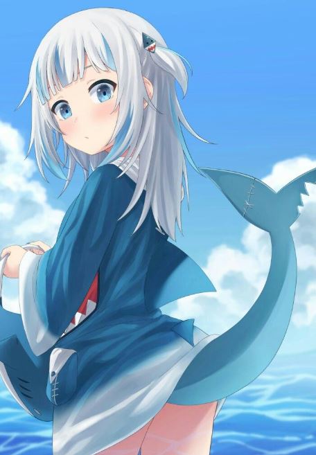 Gái nhỏ nhìn biển khơi trong ảnh cá mập anime