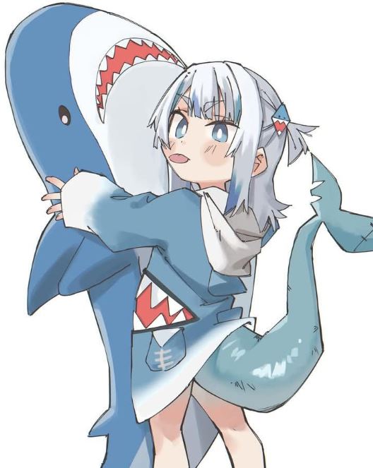 Bé cá mập anime ôm chú cá mập bông lớn