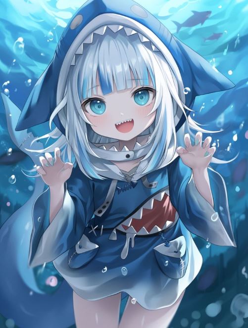 Cô gái cá mập anime dưới nước lặn vui vẻ