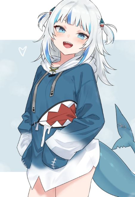 Cá mập anime cười tươi trong áo hoodie xanh