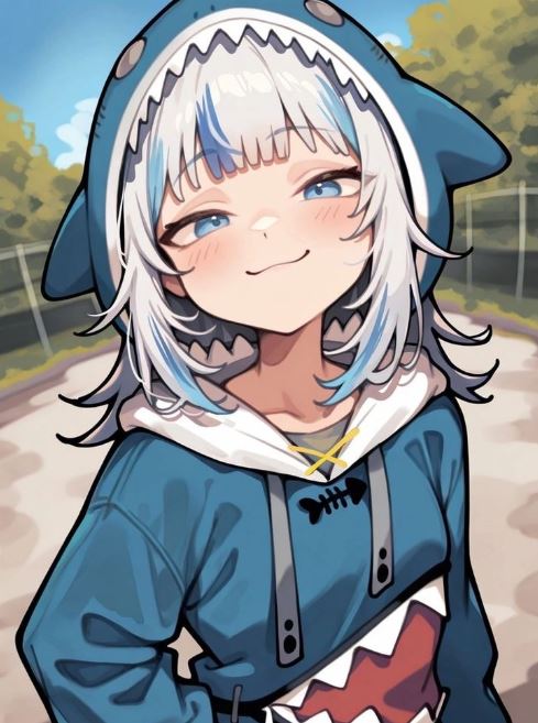 Gái cá mập anime cười tinh nghịch ngoài trời