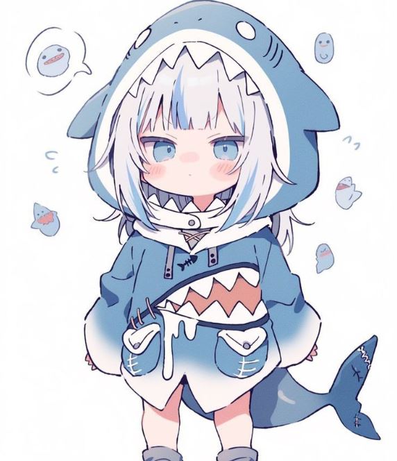 Cá mập anime mặt nghiêm trang bên bọt biển