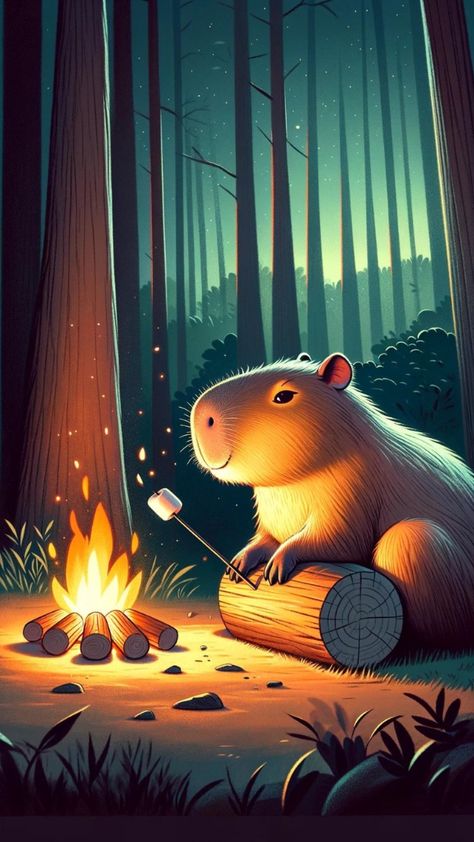 Hình nền capybara chất lượng cao đang chill chill bên bếp lửa