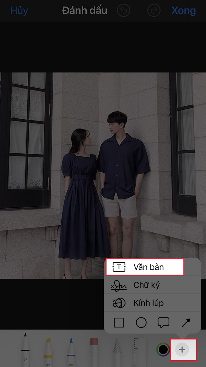 Chọn nút dấu + > sau đó chọn Văn bản