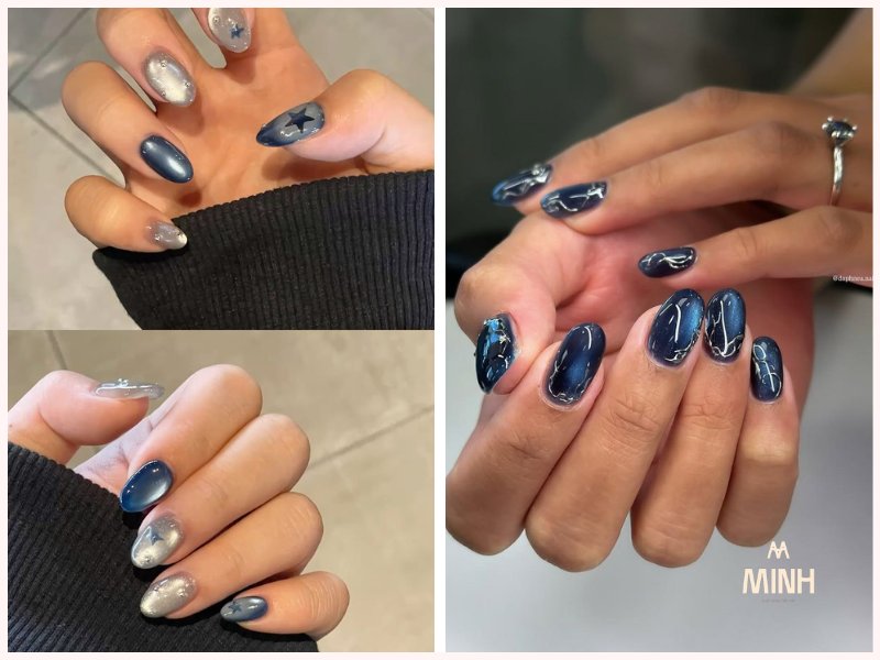 Mẫu nail mắt mèo xanh dương đậm nổi bật
