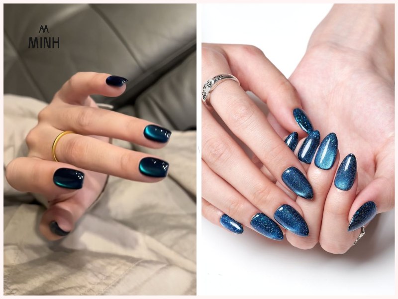 Mẫu nail mắt mèo xanh dương đậm nổi bật