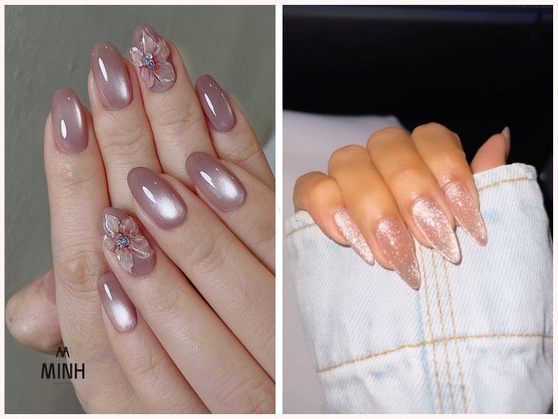 Mẫu nail mắt mèo đẹp màu hồng nữ tính