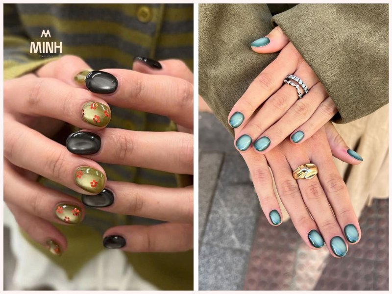 Mẫu nail mắt mèo đẹp với màu xanh lá