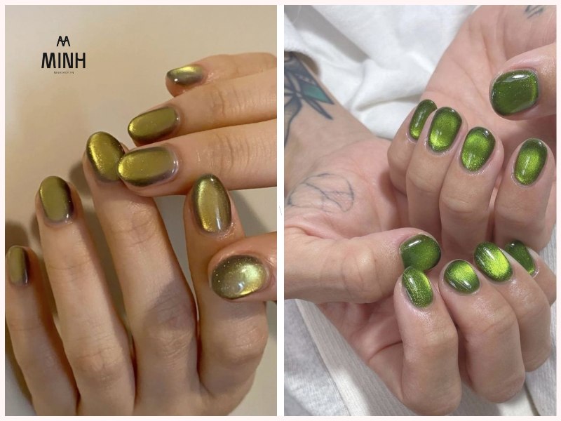 Mẫu nail mắt mèo đẹp với màu xanh lá