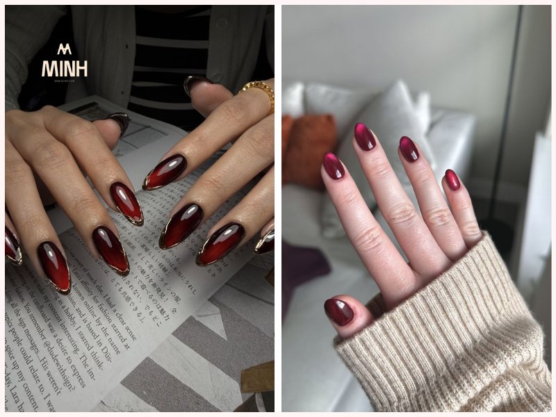 Mẫu nail mắt mèo đỏ bordeaux sang trọng