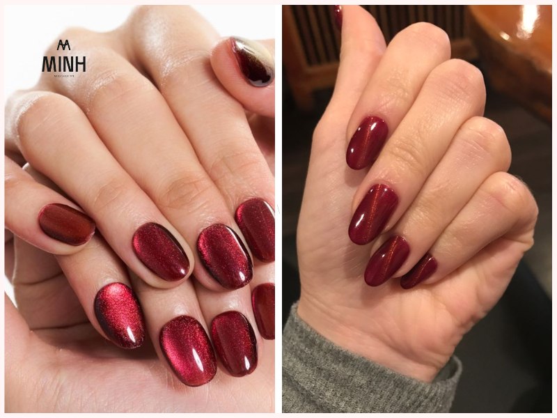 Mẫu nail mắt mèo đỏ bordeaux sang trọng