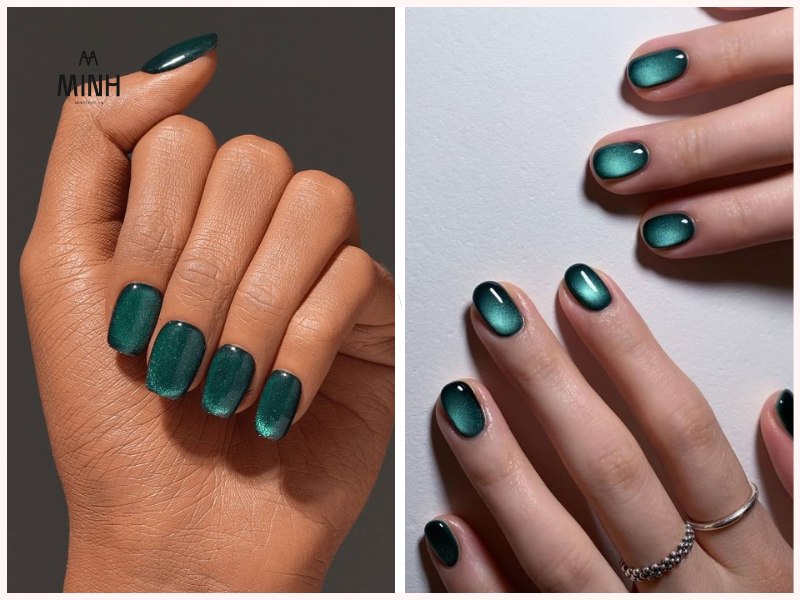 Mẫu nail mắt mèo đẹp màu xanh ngọc bích