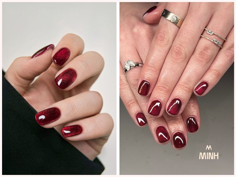 Mẫu nail mắt mèo đỏ rượu vang hợp mọi tone da