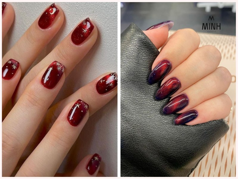 Mẫu nail mắt mèo đỏ rượu vang hợp mọi tone da