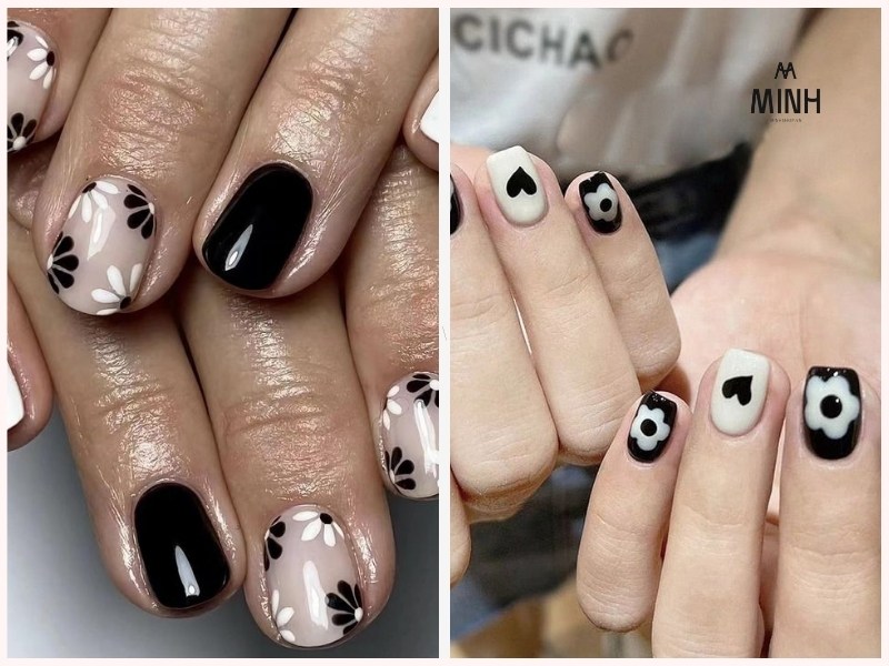 Mẫu nail móng ngắn đen trắng cá tính