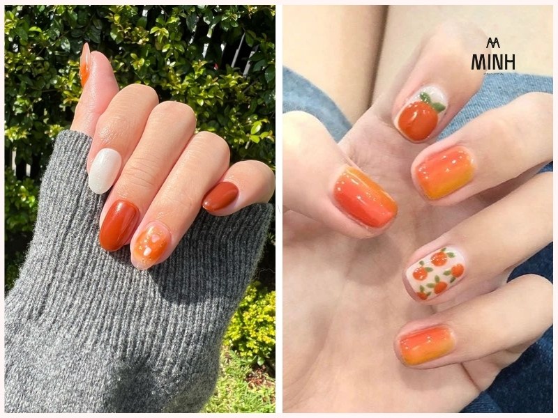 Mẫu nail móng ngắn màu cam nổi bật