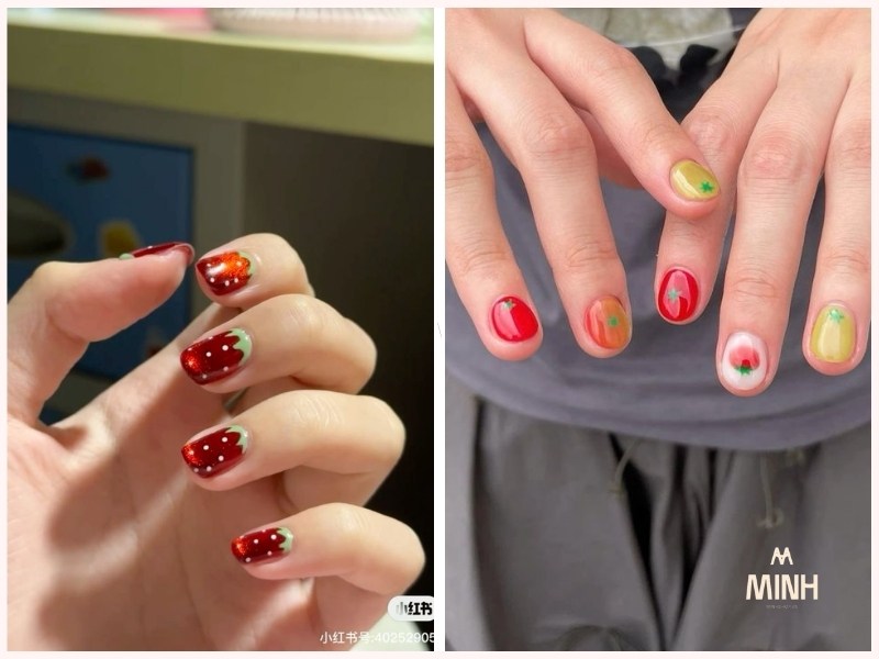 Mẫu nail móng ngắn họa tiết trái cây