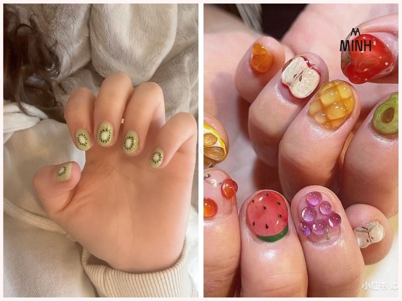 Mẫu nail móng ngắn họa tiết trái cây