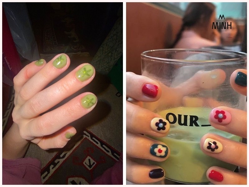 Mẫu nail móng ngắn họa tiết hoa lá trẻ trung