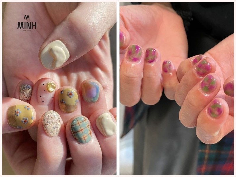 Mẫu nail móng ngắn họa tiết hoa lá trẻ trung