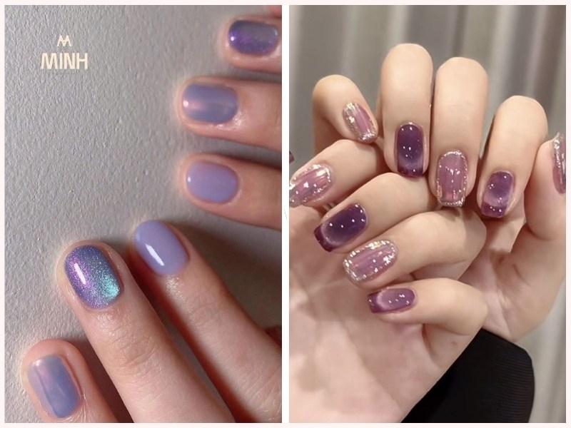 Mẫu nail đơn giản cho móng ngắn màu tím lãng mạn
