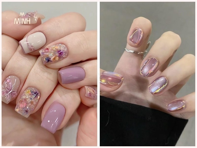 Mẫu nail đơn giản cho móng ngắn màu tím lãng mạn