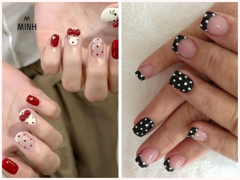Mẫu nail đơn giản cho móng ngắn họa tiết chấm bi