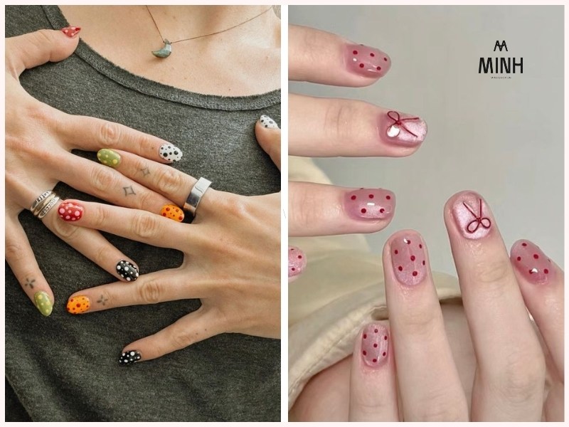 Mẫu nail đơn giản cho móng ngắn họa tiết chấm bi
