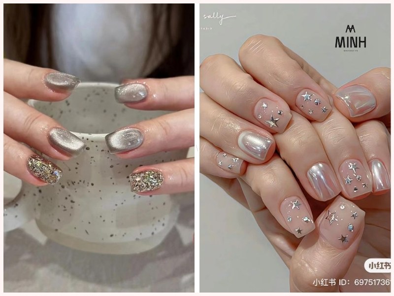 Mẫu nail móng ngắn màu bạc trendy