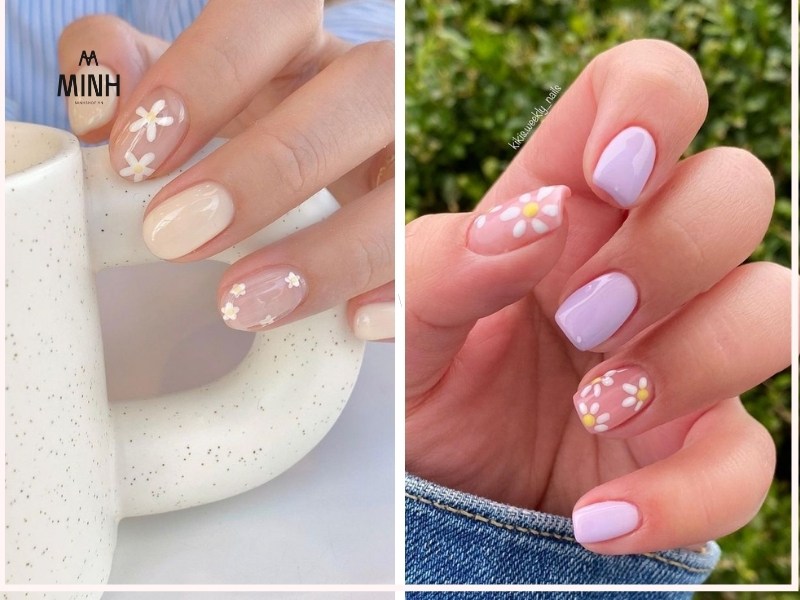 Mẫu nail móng ngắn vẽ hoa nhẹ nhàng