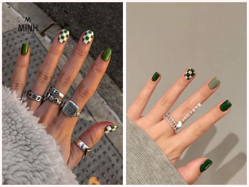 Mẫu nail móng ngắn họa tiết caro