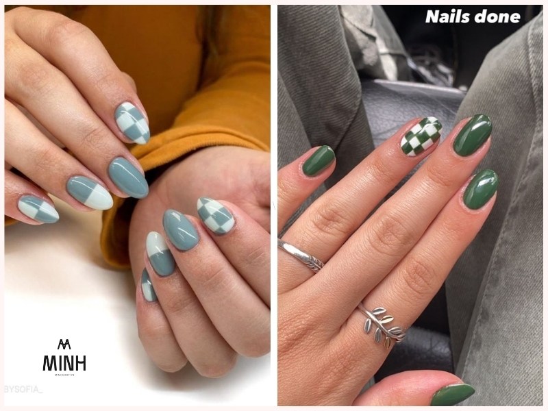 Mẫu nail móng ngắn họa tiết caro