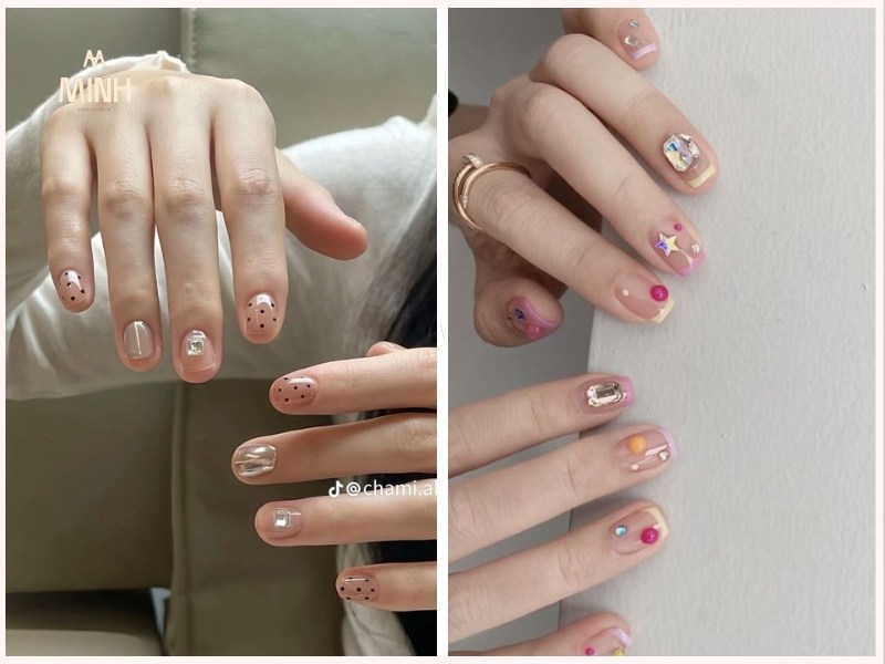 Mẫu nail móng ngắn đính đá sang chảnh