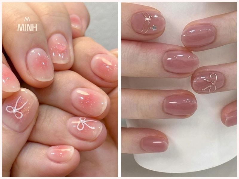 Mẫu nail móng ngắn màu hồng đính nơ 