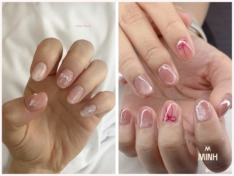 Mẫu nail móng ngắn màu hồng đính nơ 