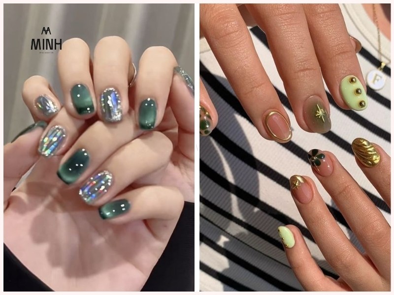Mẫu nail móng ngắn màu xanh rêu