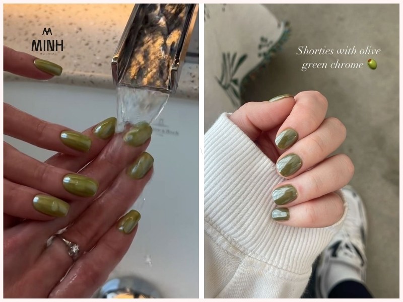 Mẫu nail móng ngắn màu xanh rêu