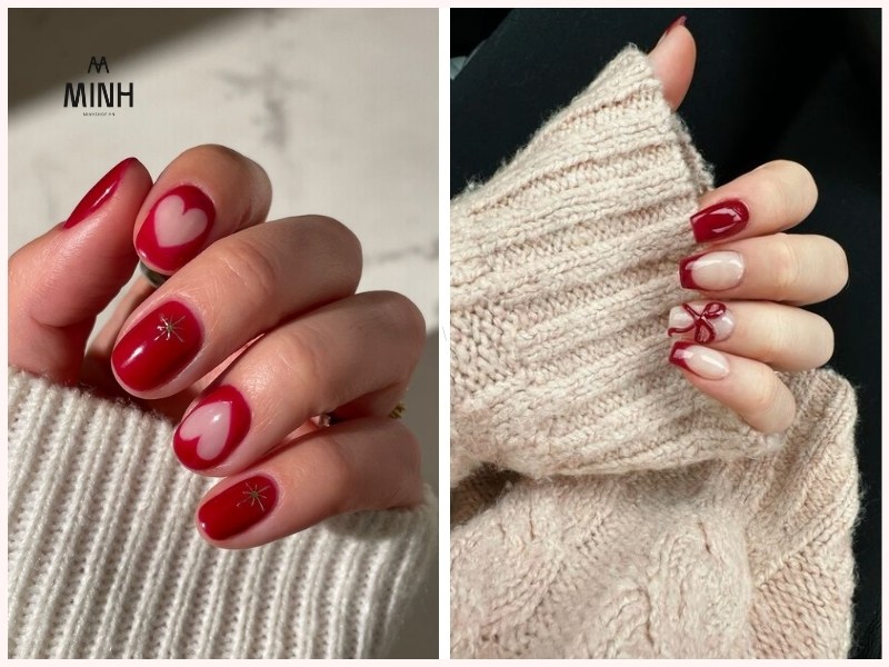Mẫu nail móng ngắn màu đỏ có họa tiết