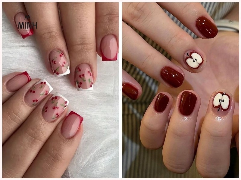 Mẫu nail móng ngắn màu đỏ có họa tiết