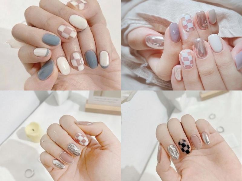 Mẫu nail tay Hàn Quốc kẻ ô