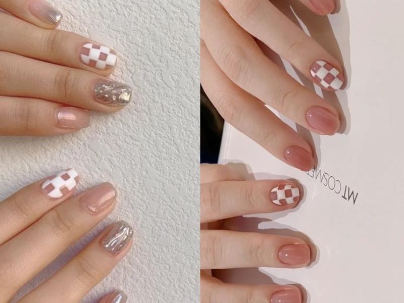 Mẫu nail ngắn Hàn Quốc kẻ ô với màu trắng - hồng