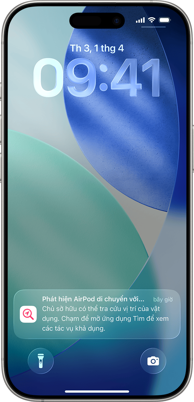 iPhone hiển thị thông báo Phát hiện AirPod di chuyển với bạn ở cuối màn hình.