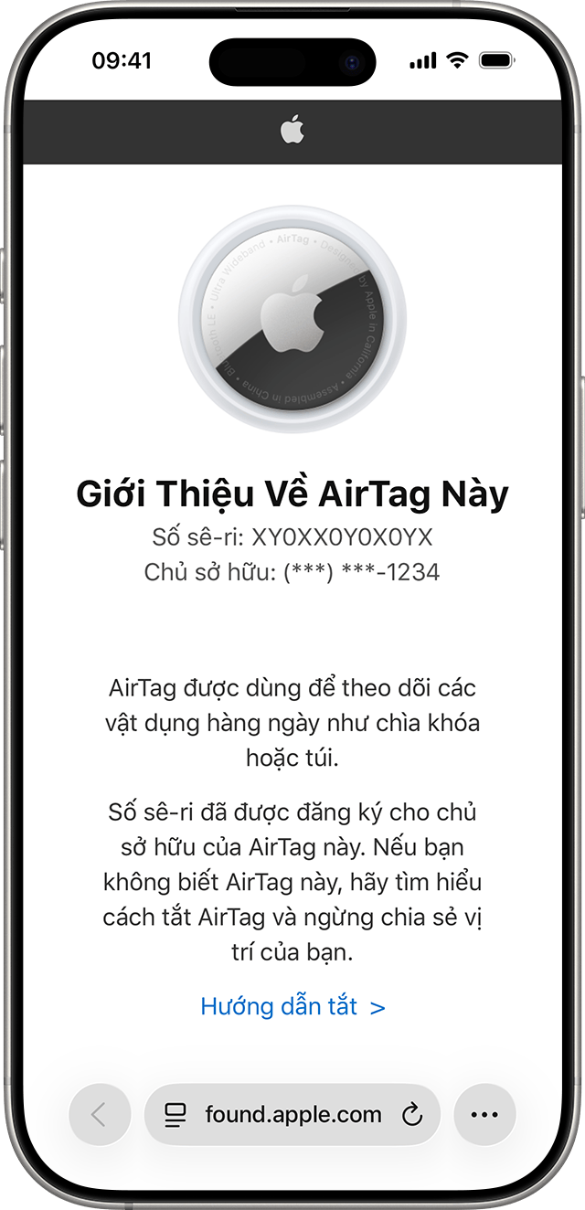 Màn hình iPhone hiển thị trang web Safari có thông tin về AirTag của bạn, bao gồm số sê-ri và bốn chữ số cuối trong số điện thoại của chủ sở hữu.