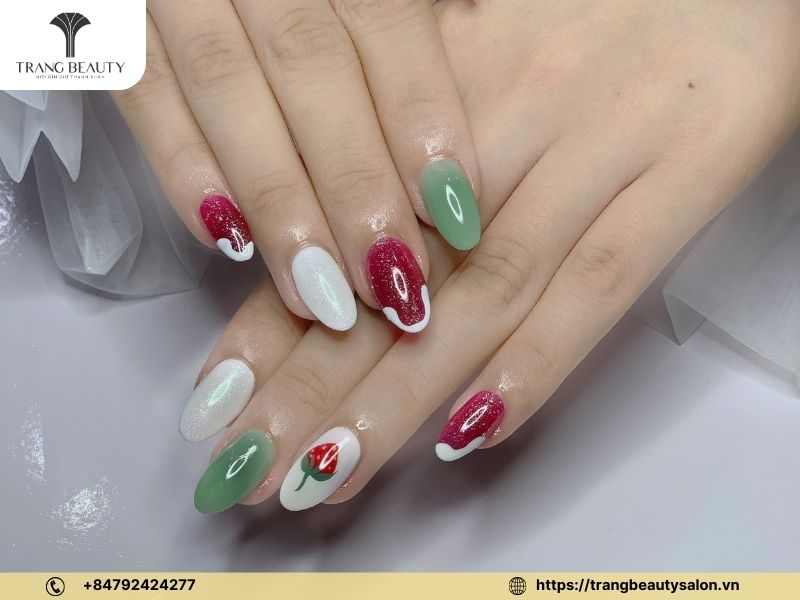 Nail xanh bơ phối kim tuyến