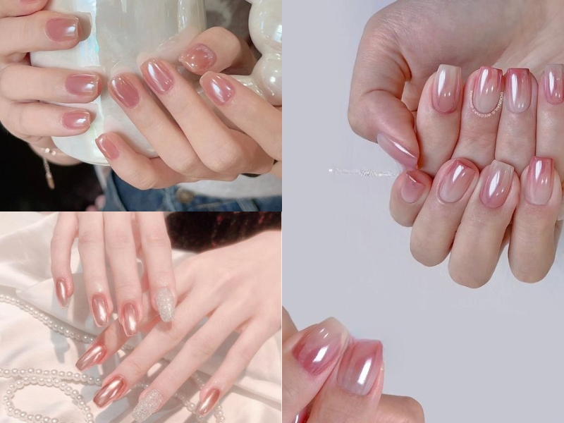 nail màu hồng thạch tráng gương