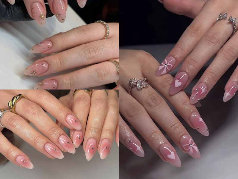 nail màu hồng thạch đính đá nhỏ