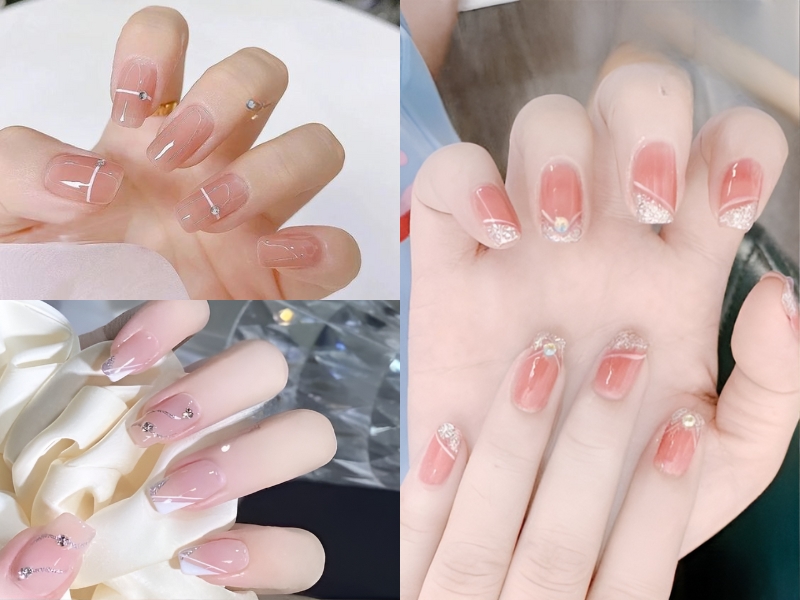 mẫu nail hồng thạch đính đá nhỏ