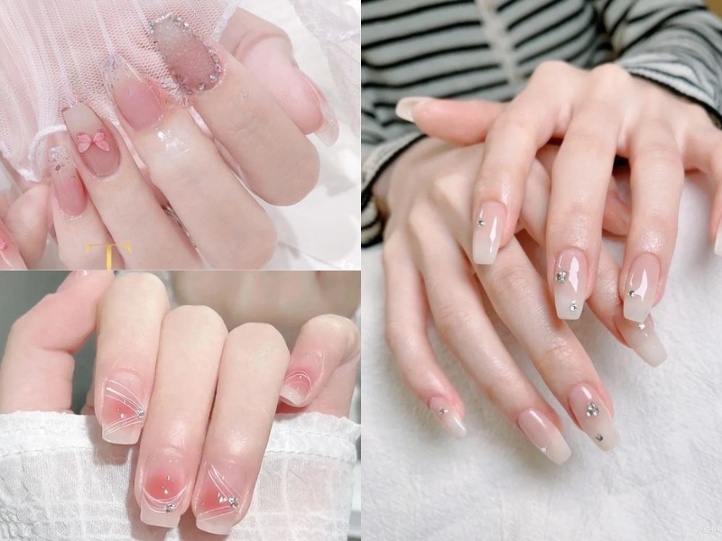 mẫu nail hồng thạch đính đá đơn giản